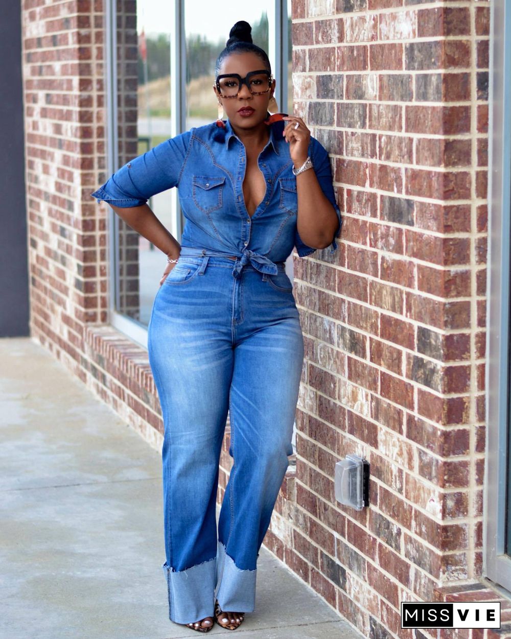 Denim Turn Down Collar Shirt Straight Jeans 2 Piece Set