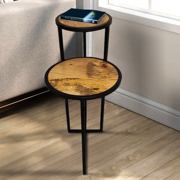 Two Tier Round Wooden Side Table with Metal Frame， Brown and Brass