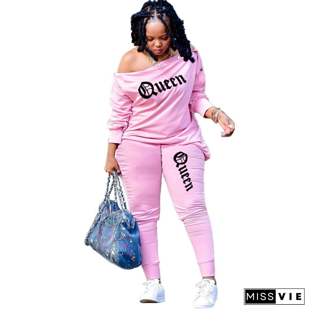 Letter Off Shoulder T-shirt Jogger Pants Tracksuit