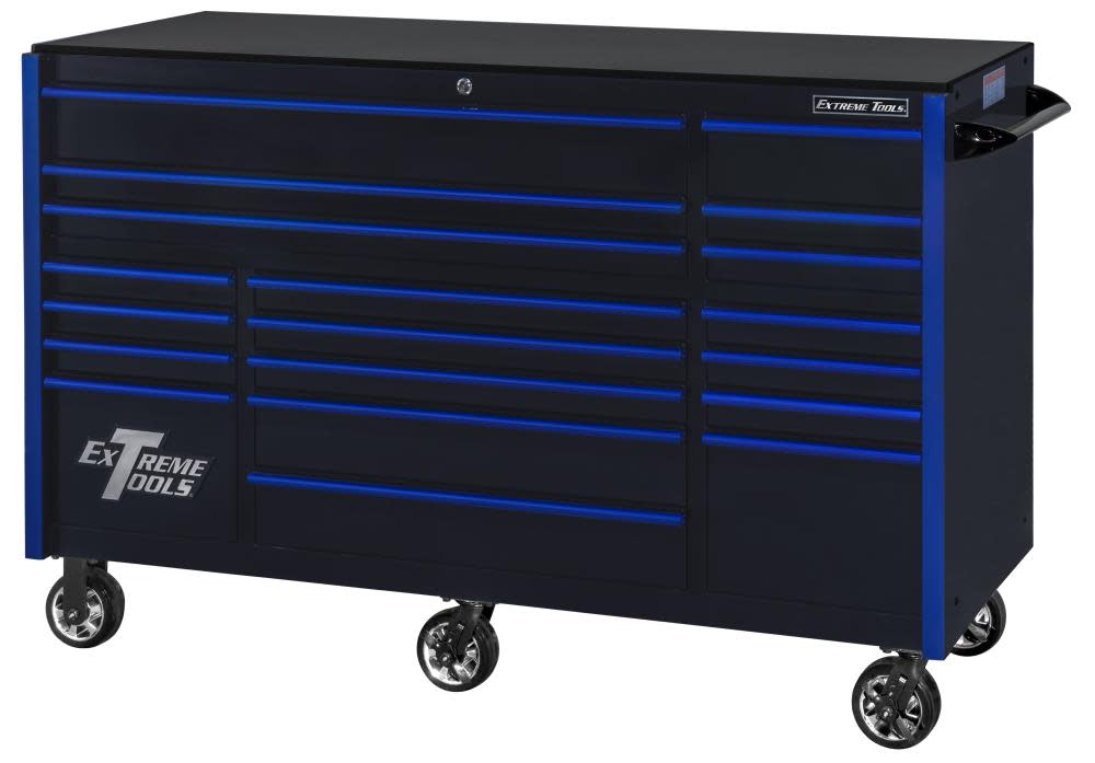 RX Series 72 x 30 19 Drawer Roller Cabinet， Black with Blue Drawer Pulls