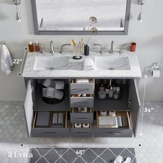 Eviva Aberdeen 48 in. W x 22 in. D x 34 in. H Double Bath Vanity in Gray with White Carrara Marble Top with White Sinks EVVN412-48GR-DS