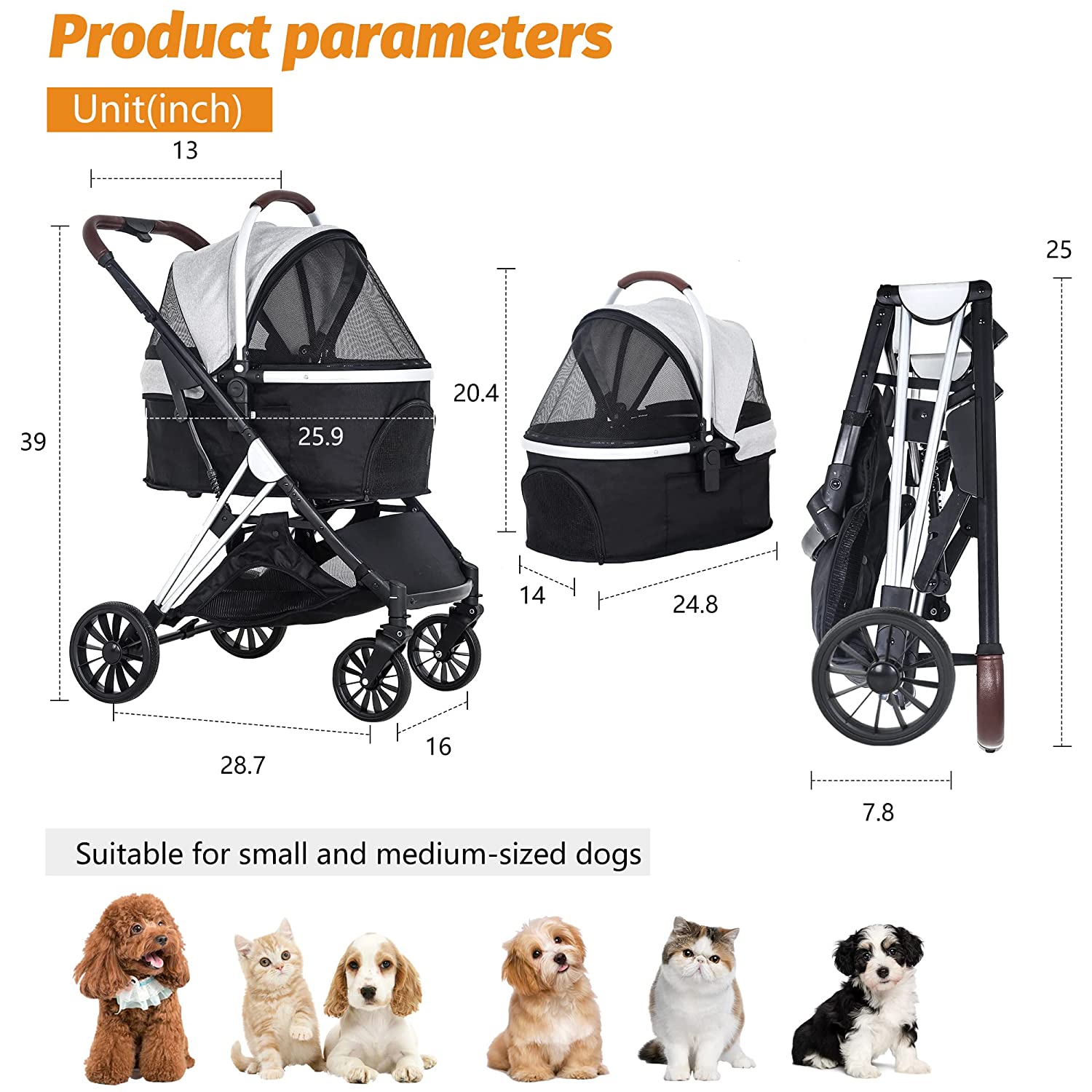 NiamVelo 4 Wheels Premium Foldable Dog Pet Stroller 3-in-1 Multifunction Cat Stroller for Medium Small Dogs Cats， Gray