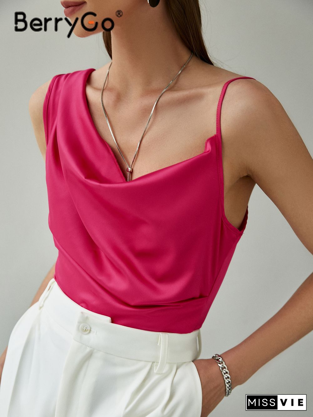 Elegant Office Lady Silk Top Pink Summer Satin Crop Top With Irregular Straps Fashion Zipper Pure Tank Top Women