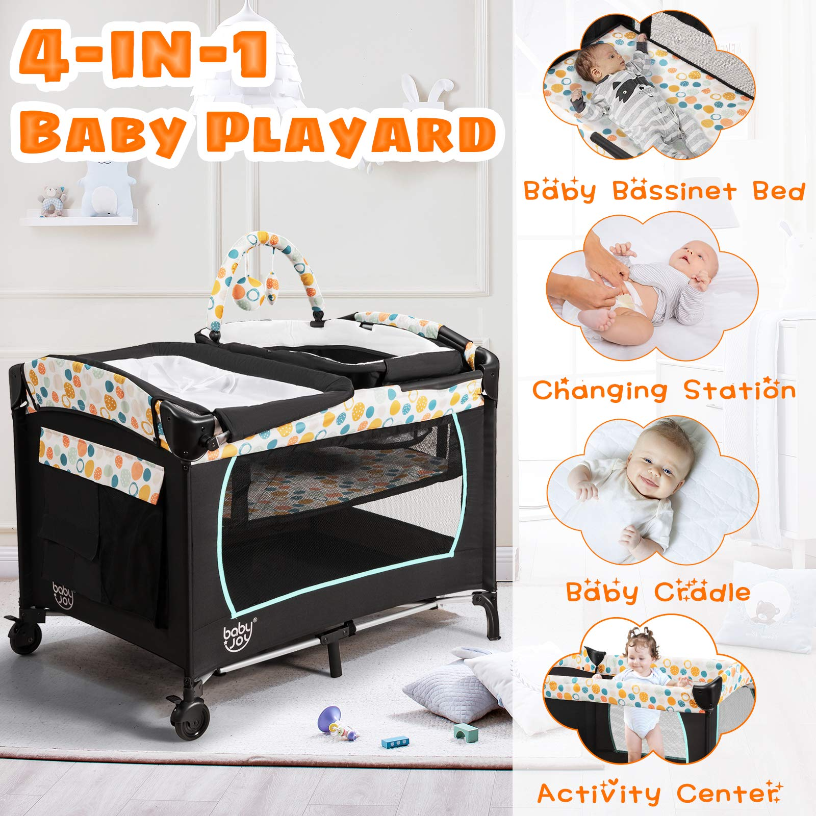 BABY JOY 4 in 1 Pack and Play, Portable Playard with Bassinet, Changing Table