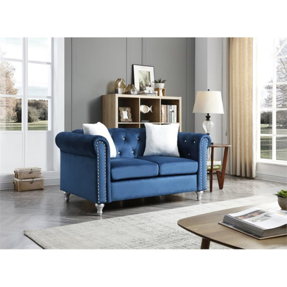 Maklaine Contemporary Soft Velvet Loveseat in Navy Blue Finish   Eclectic   Loveseats   by Homesquare  Houzz