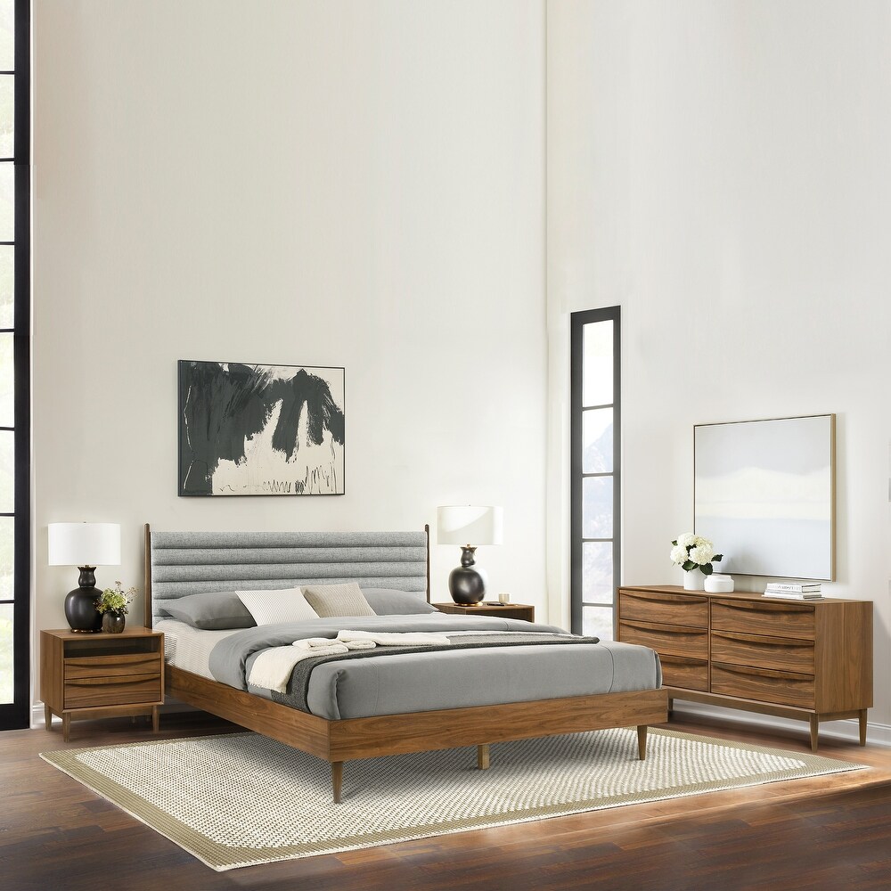 Artemio Black or Walnut Wood 4 Piece Bedroom Set with Grey Upholstered Headboard