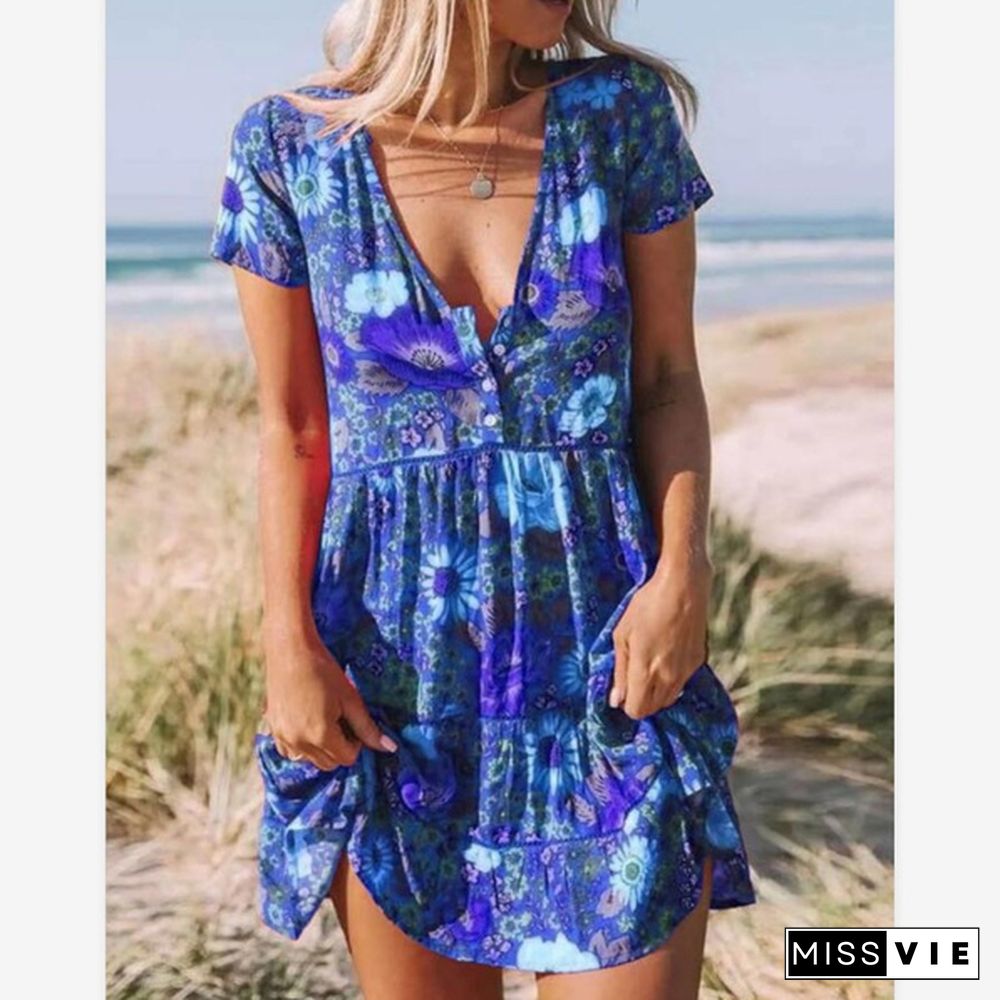 XS-8XL Summer Dress Plus Size Fashion Women's Casual Short Sleeve T-shirt Dress Floral Flower Printed Party Dress Ladies V-neck Loose Mini Dress Beach Wear Pleated Dress