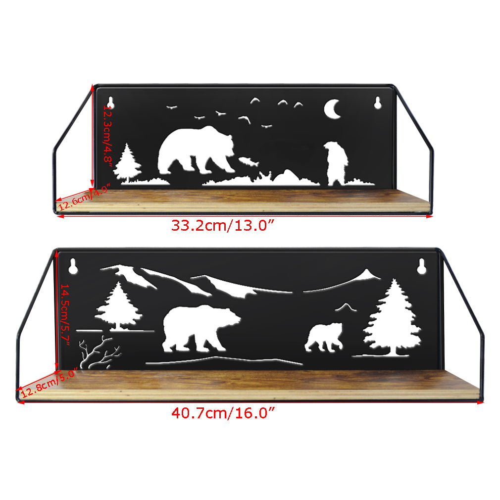 Floating Wall Shelves Set of 2, Black Rustic Iron Wall Shelf with Unique Adorable Bears Cutouts for Bathroom Cabin Lodge Bedroom Kitchen Living Room Nursery