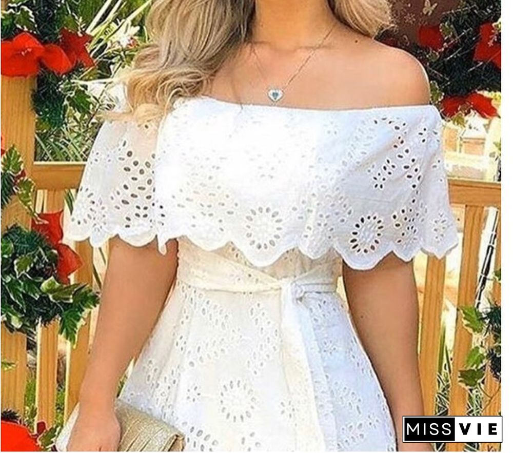 Women Elegant Fashion Chic Dress Off Shoulder Broderie Lace Mini Dress