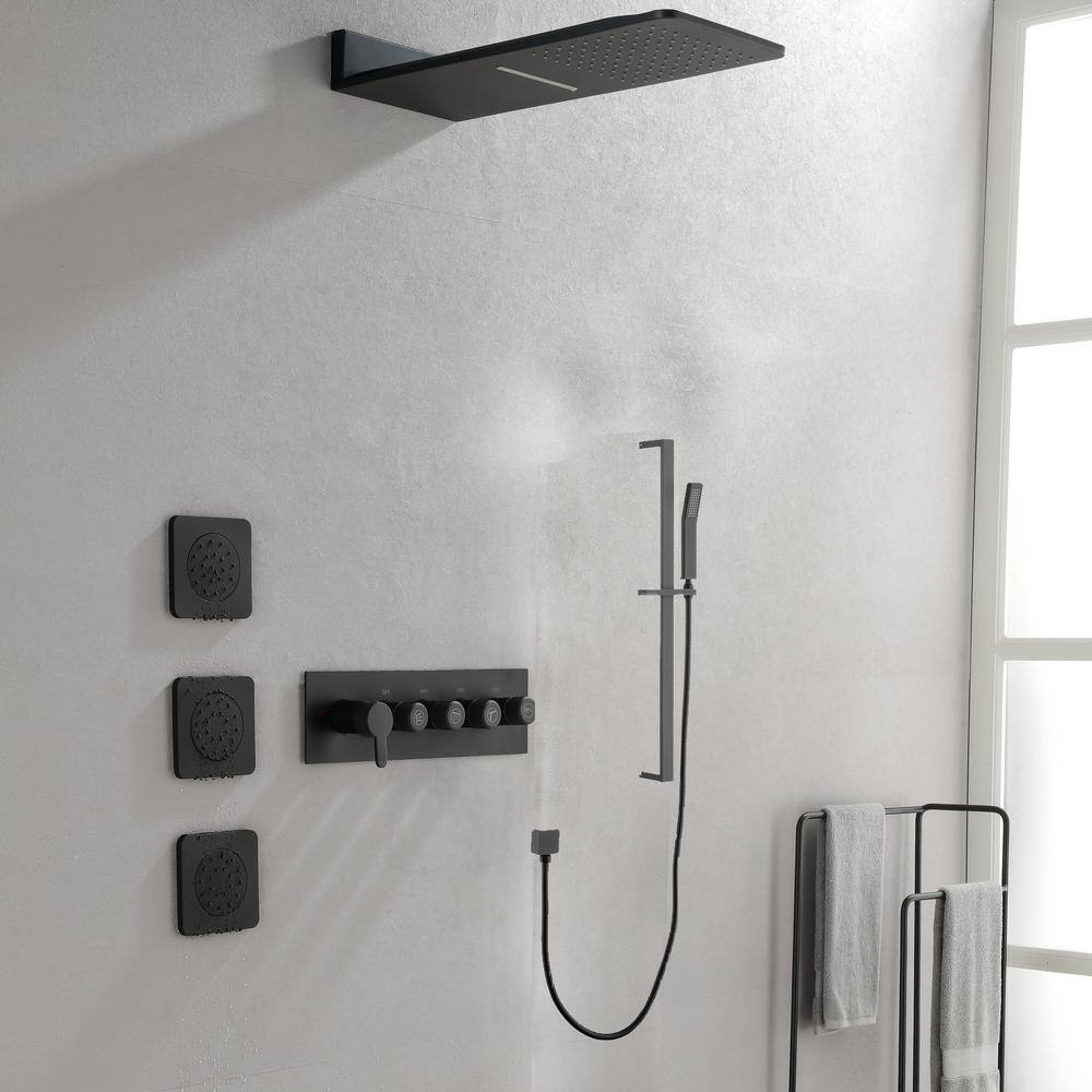 Nestfair 3-Spray Wall Bar Shower Kit with Hand Shower Waterfall Shower Head and 3 Body Sprays in Matte Black DGP040M