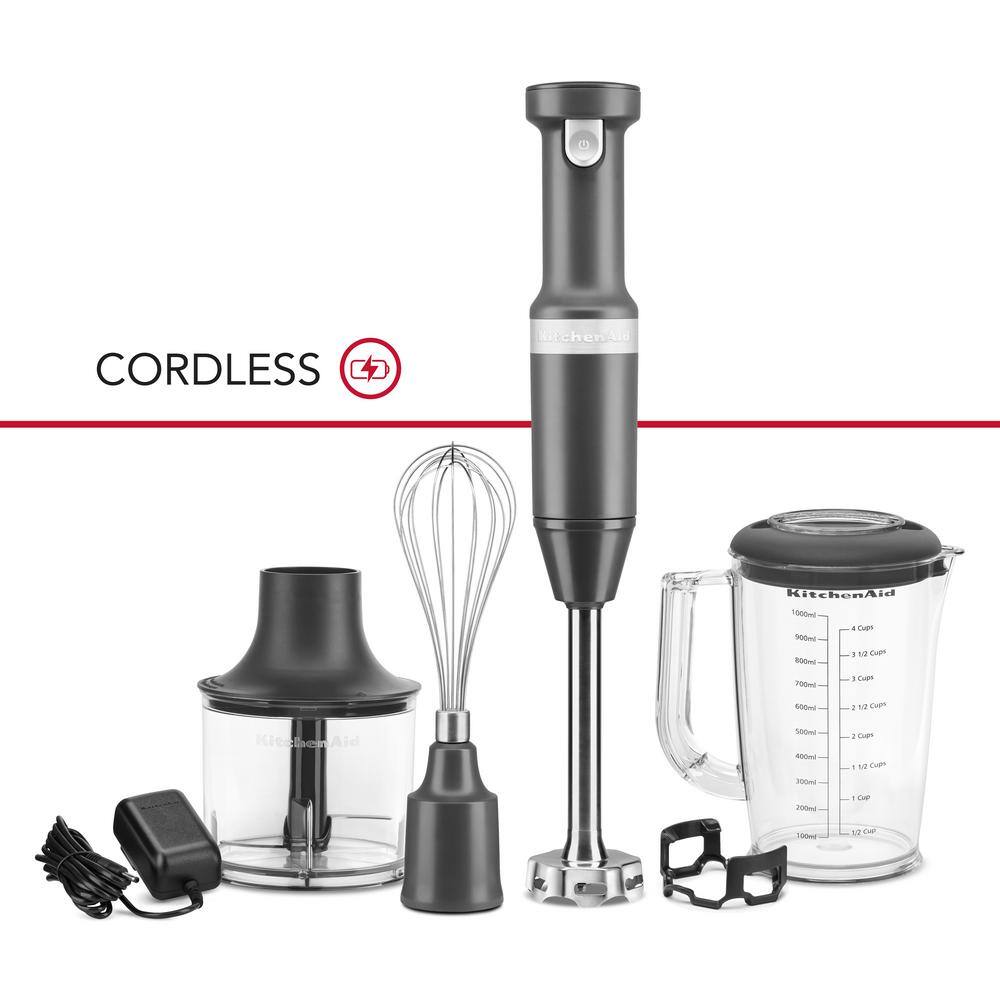 KitchenAid Cordless Variable Speed Charcoal Grey Hand Blender with Chopper and Whisk Attachment KHBBV83DG