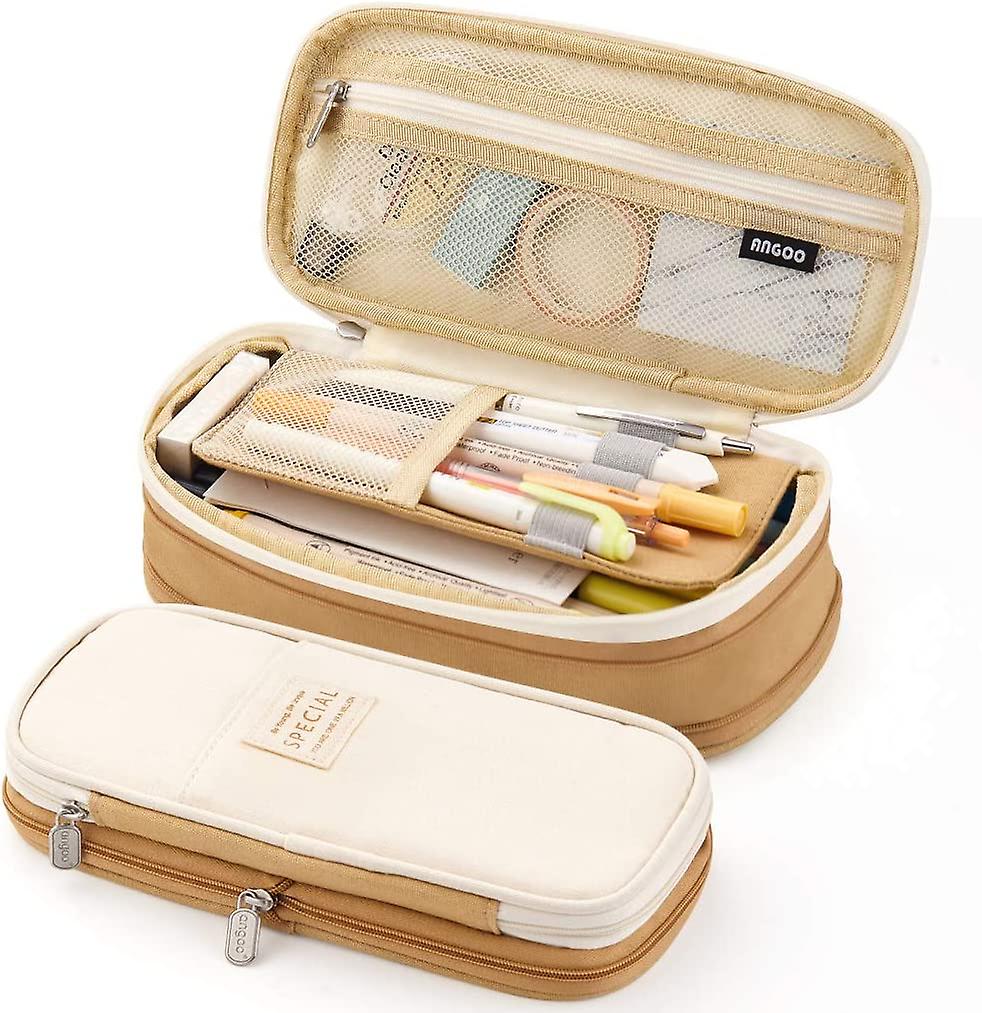 Big Capacity Pencil Pen Case Office College School Large Storage High Capacity Bag Pouch Holder Box Organizer Khaki+cream