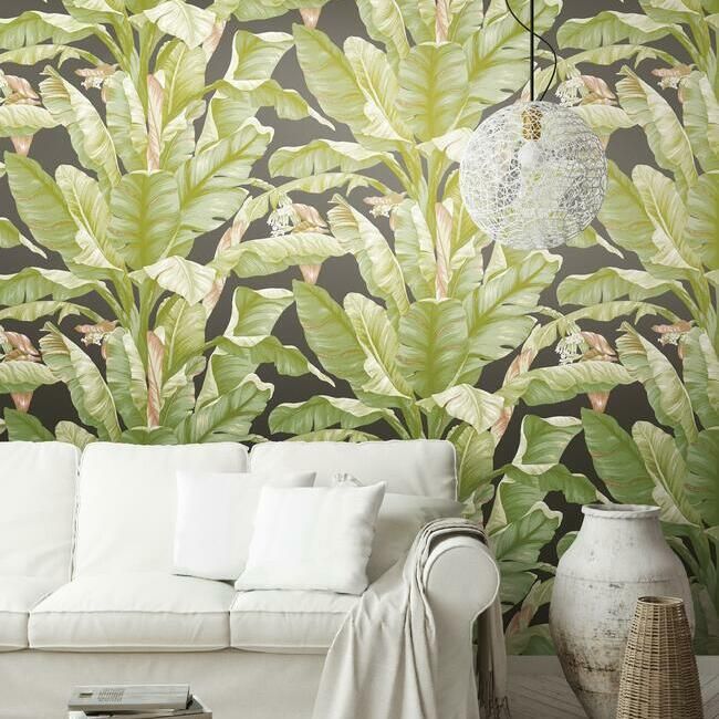 Banana Leaf Peel & Stick Wallpaper in Green and Black by York Wallcoverings