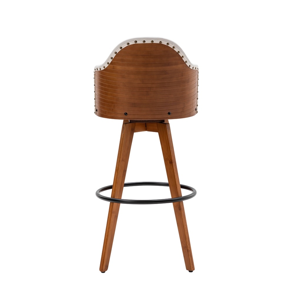 Porthos Home Idan Swivel Bar Stool  PU Leather Upholstery  Bamboo Legs