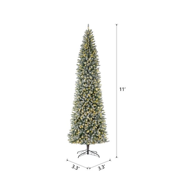 Glitzhome 11ft PreLit Flocked Pencil Fir Artificial Christmas Tree with 950 Warm White Lights