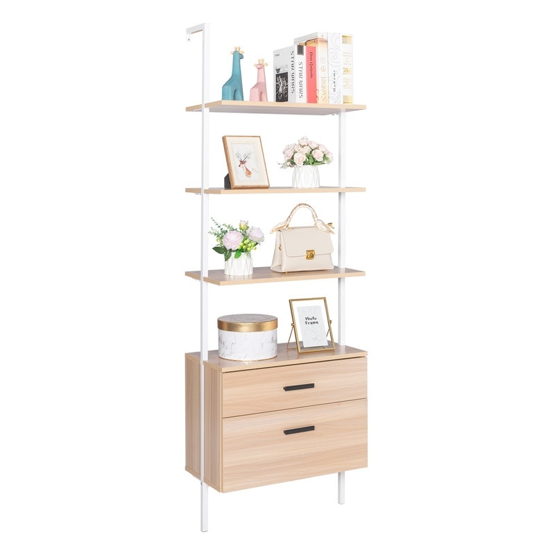 4 Tier Industrial Bookshelf with Wood Drawers and Matte Steel Frame