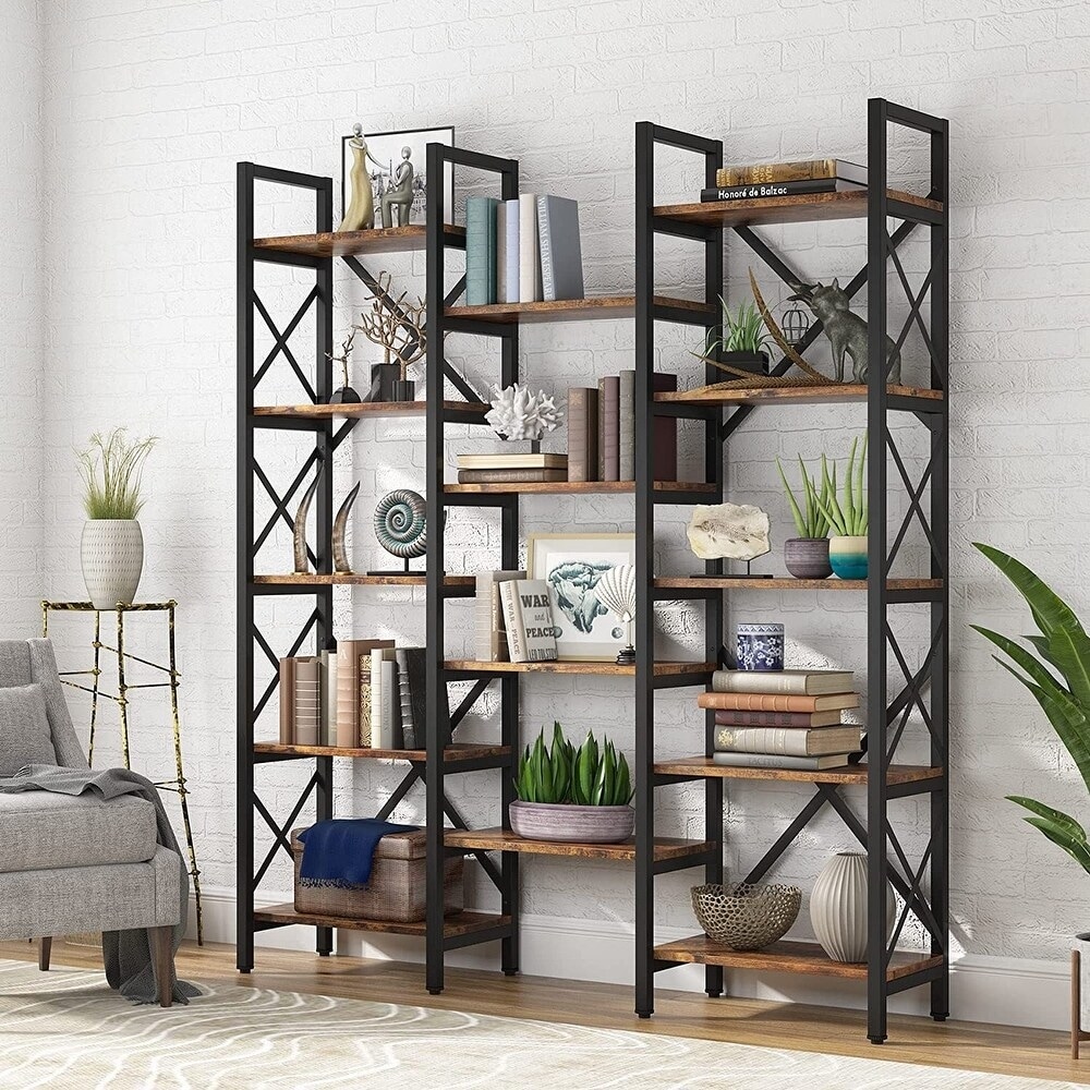 Open Triple Wide 5 Shelf Bookcase  Industrial Etagere Bookshelf for Home   Office