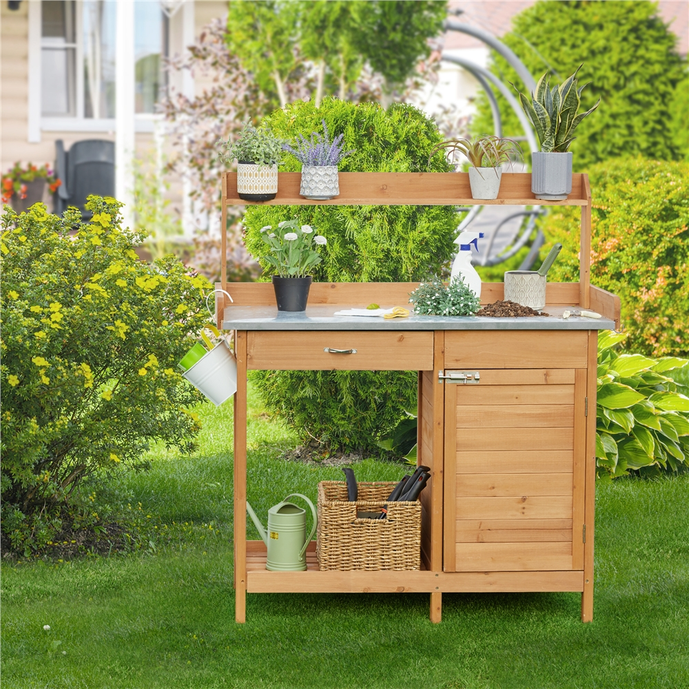 Yaheetech Outdoor Garden Potting Bench Table Work Bench Metal Tabletop W/Cabinet, Natural Wood