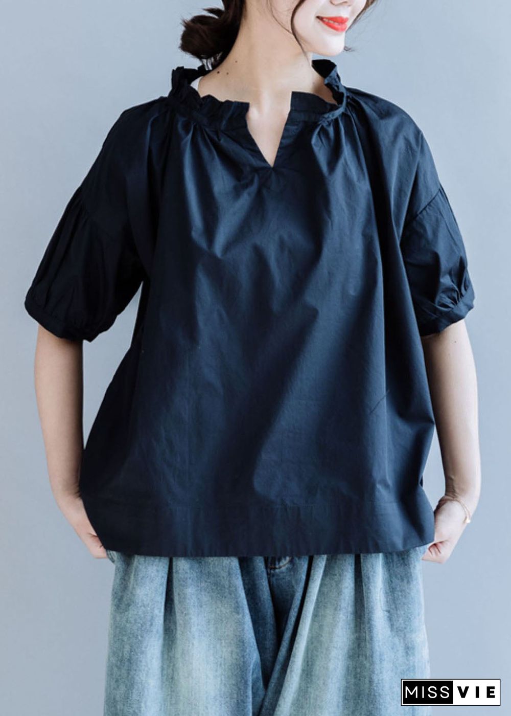 Loose Navy Ruffled Solid Color Cotton Shirt Tops Short Sleeve