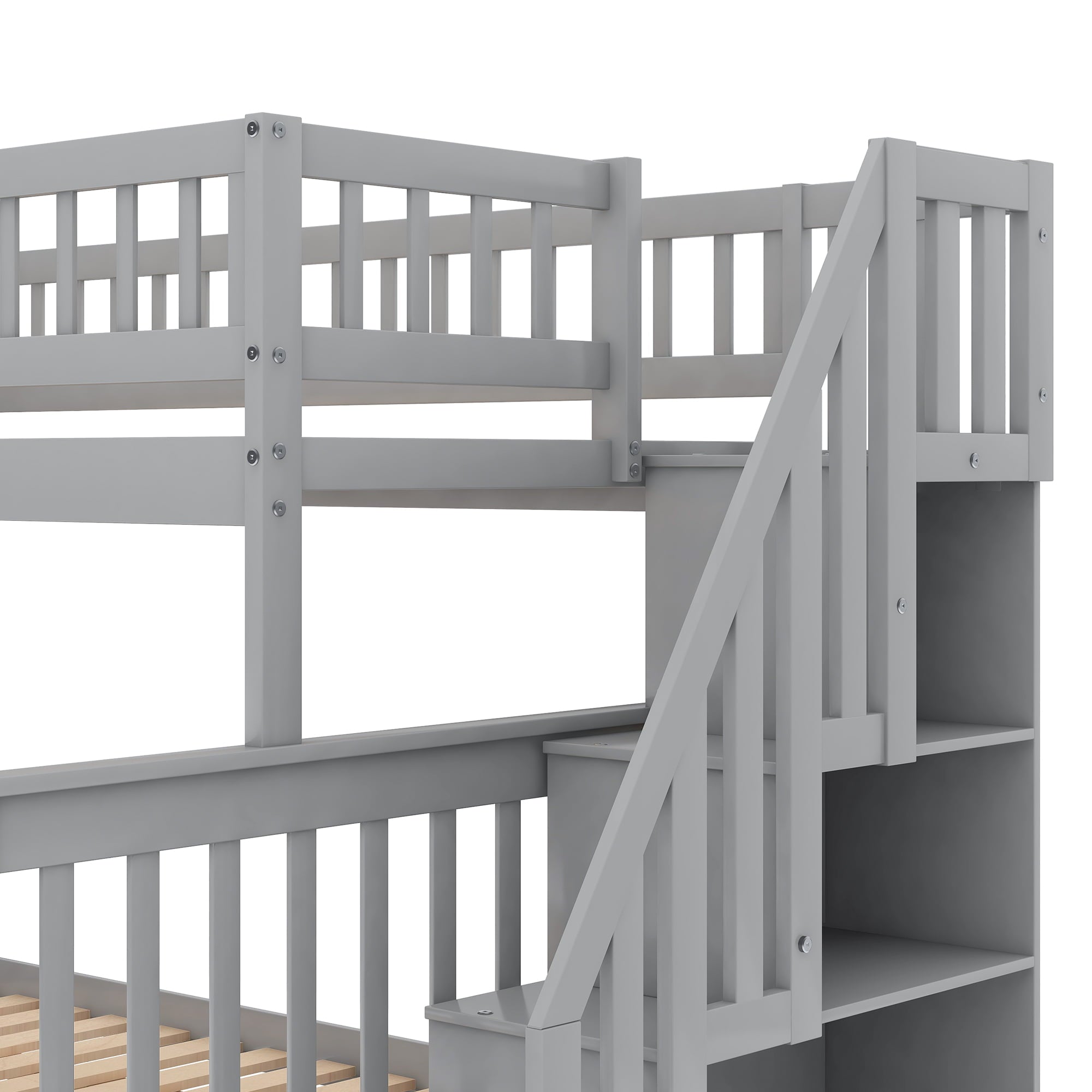 Twin over Full Bunk Bed with Stairs and Storage for Kids, Gray