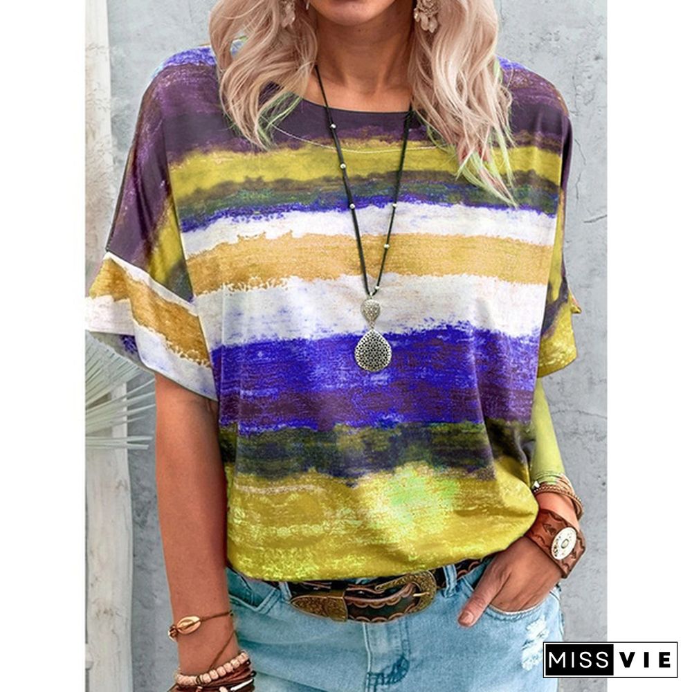 XS-8XL Spring Summer Tops Plus Size Fashion Women's Casual Short Sleeve Tee Shirts Block Color Striped Tops Ladies O-neck Printed Tops Cotton Loose T-shirts