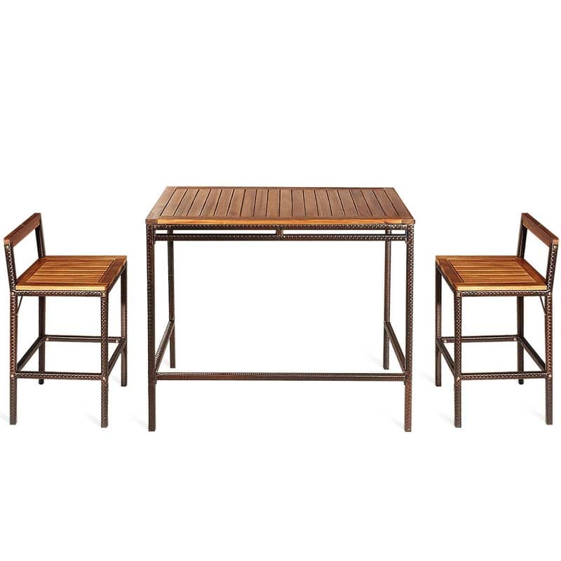 3 Pcs Rattan Wicker Patio Bar Set Dining Table Set Counter Height Bistro Set with Acacia Wood Tabletop & 2 Bar Stools