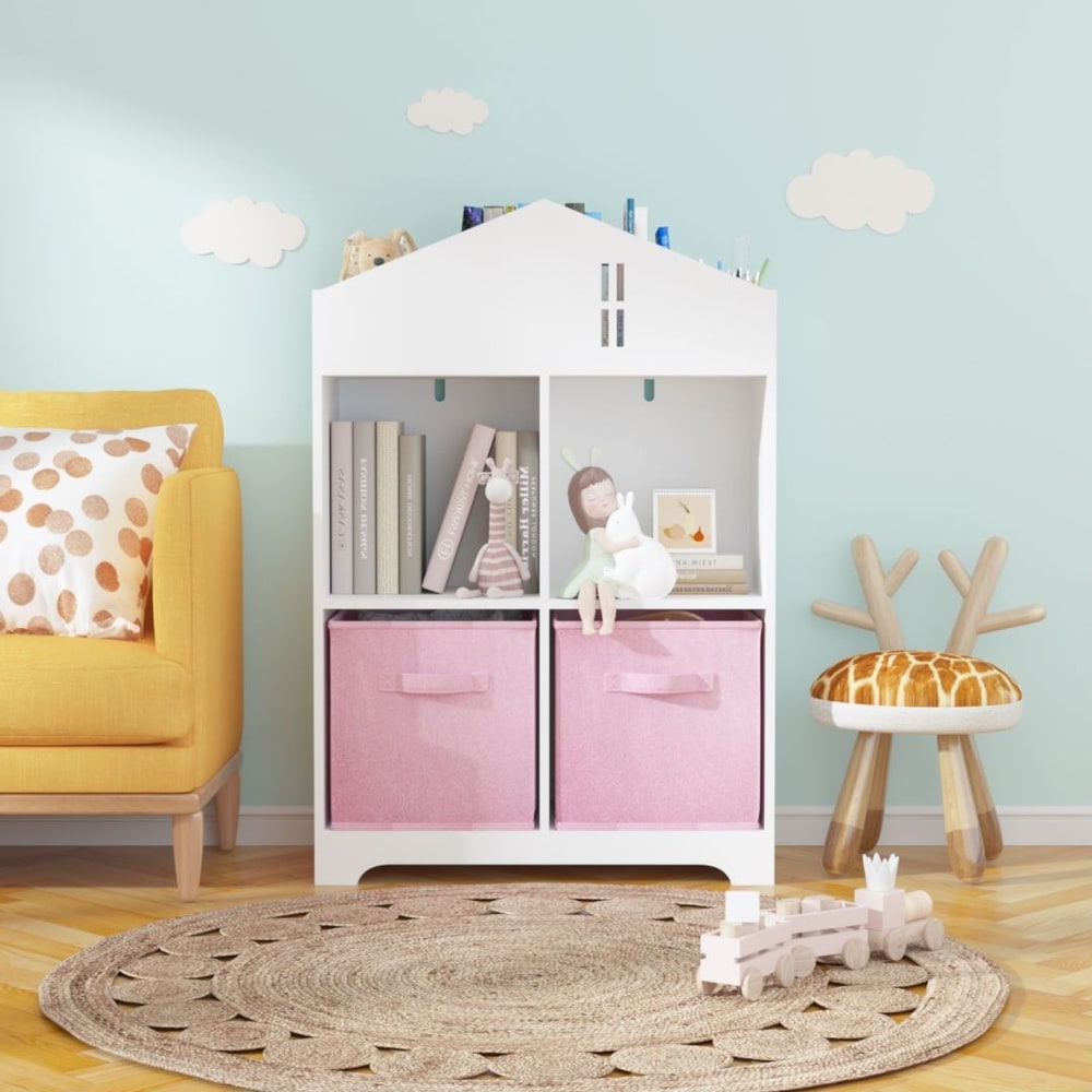 Kids Dollhouse Bookcase with 2 Tier Storage Display Organizer and 2 Fabric Drawers