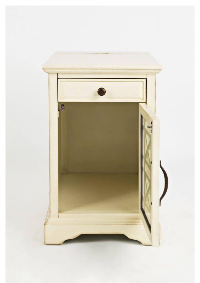 End Table  Trellis Slatted Glass Door Cabinet  ampCharging Station  Creamy White   Farmhouse   Side Tables And End Tables   by Decor Love  Houzz