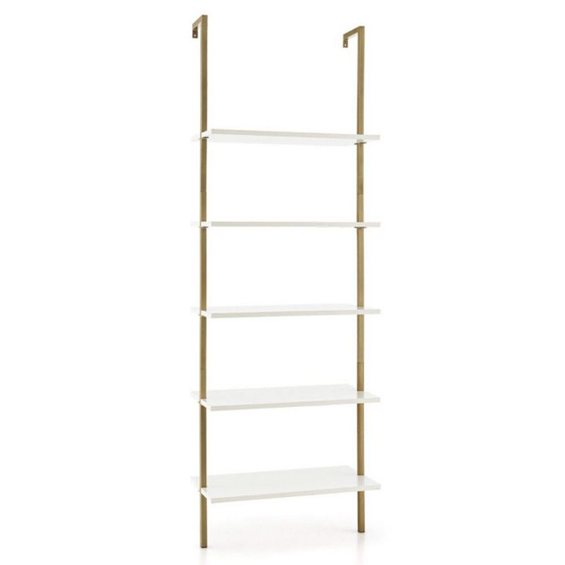 Hivago 5 Tier Ladder Shelf Wall-Mounted Bookcase with Steel Frame-Golden