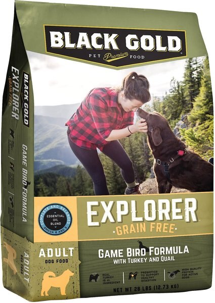 Black Gold Explorer Game Bird Formula with Turkey and Quail Grain-Free Dog Food， 28-lb bag