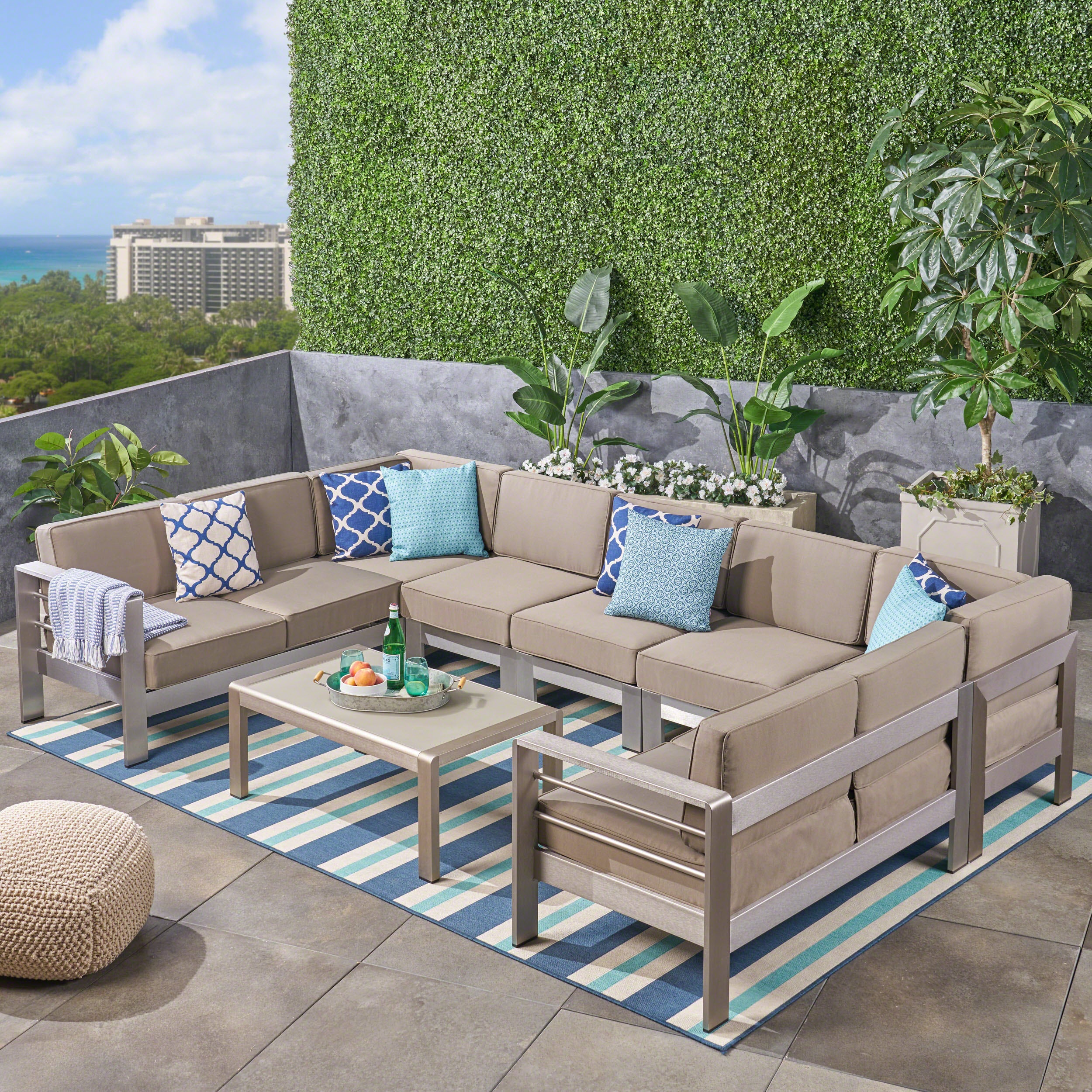 Emily Coral Outdoor 9-Seater Aluminum Sectional Sofa Set with Coffee Table, Silver and Khaki