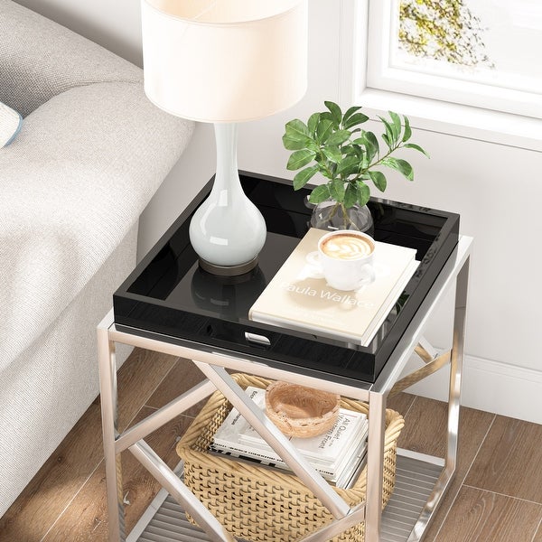 VANOMi 18'' Tray Top End Table Side Table With Stainless Steel Frame and Tempered Glass Panel - 18''x18''x19''