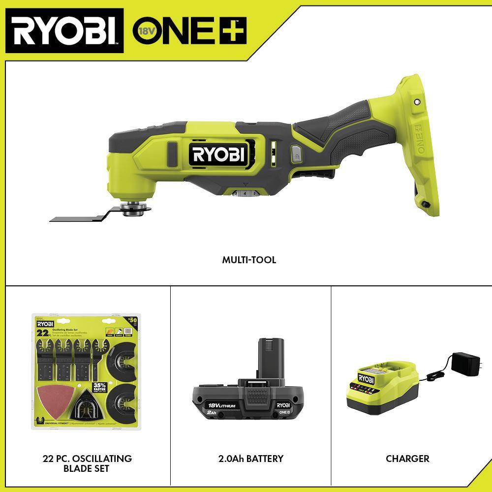 RYOBI ONE+ 18V Cordless Multi-Tool Kit with 2.0 Ah Battery Charger and  22-Piece Oscillating Blade Set PCL430K1-A242201