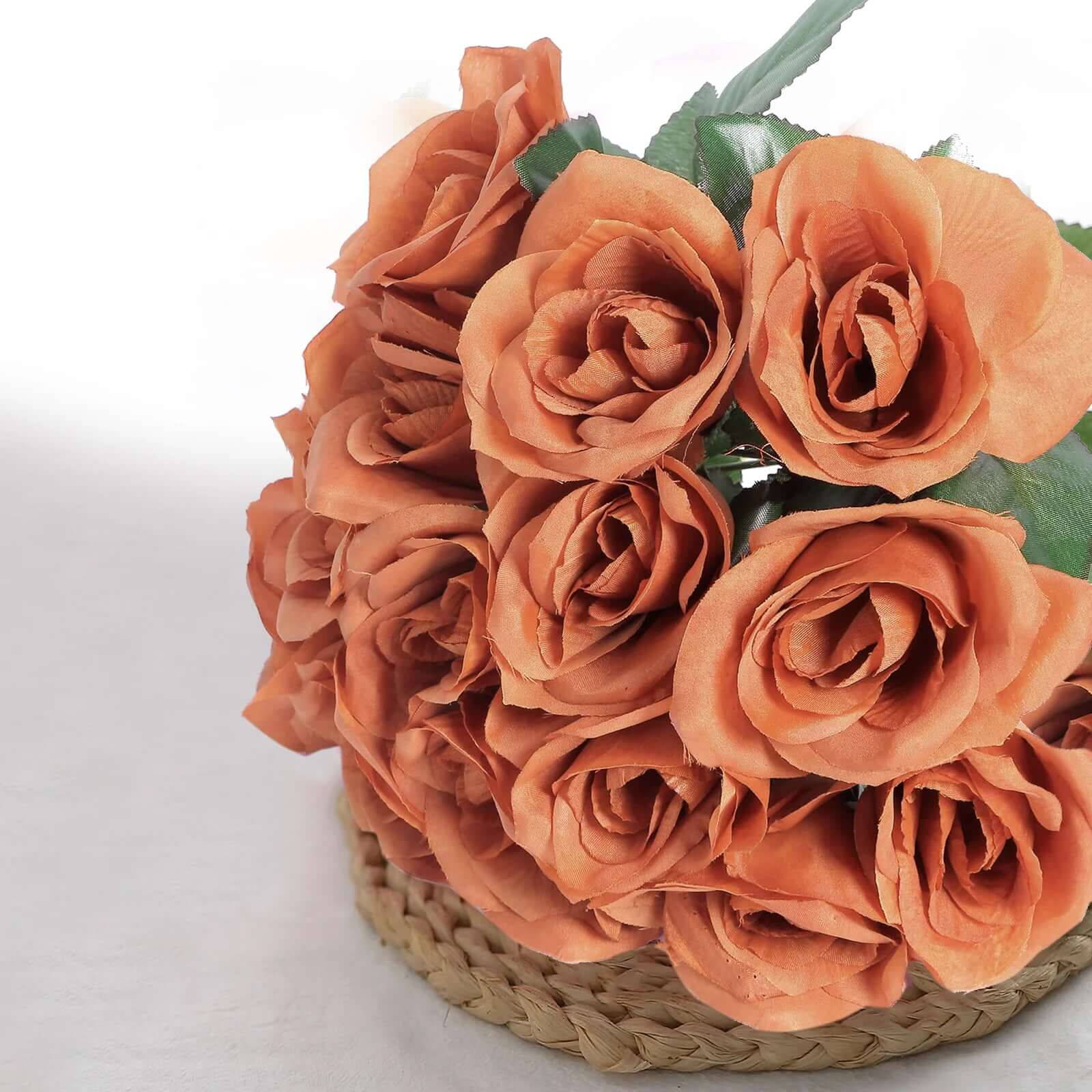 Terracotta (Rust) Artificial Velvet-Like Fabric Rose Flower Bouquet Bush 12