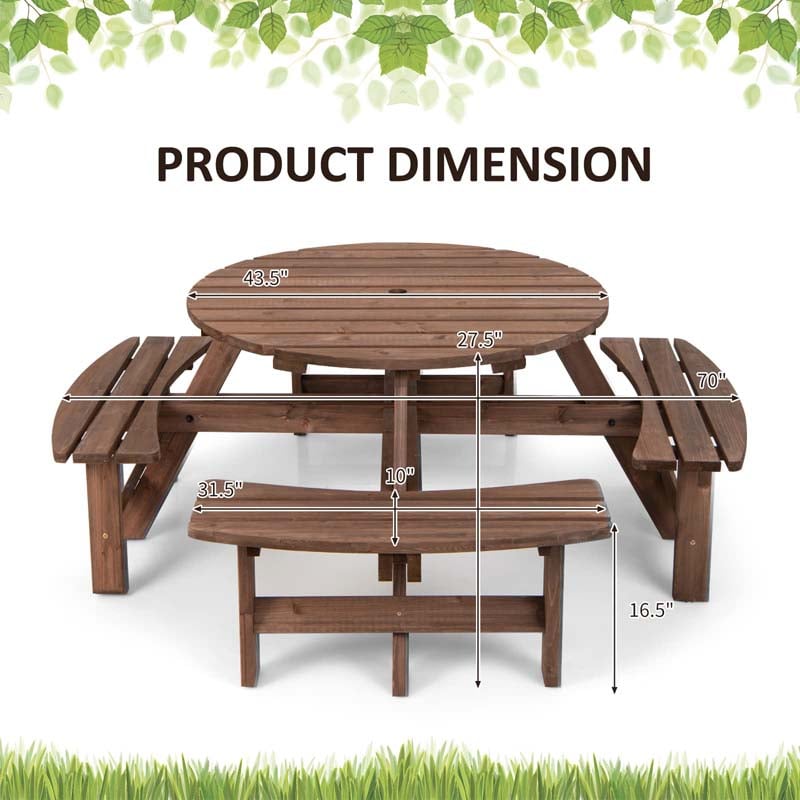 8-Person Outdoor Wooden Round Picnic Dining Table Bench Set with Umbrella Hole & 4 Benches