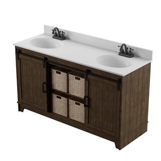 Twin Star Home 60 in.W x 22 in. D x 37.88 in. H Double Sink Bath Vanity in Saw Cut Espresso with White Marble Top and Sliding Barn Door 60BV34004-PD01