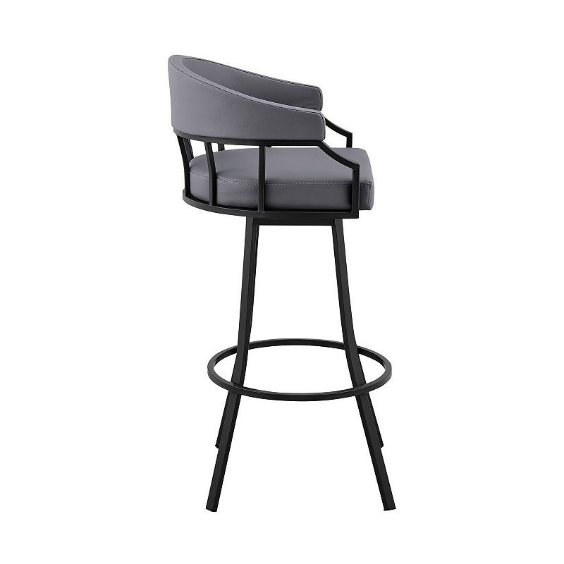 Mayla 26 Inch Swivel Counter Stool， Black Flared Legs， Gray Faux Leather