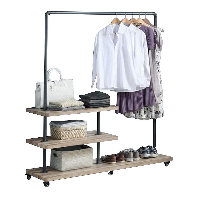 Hanger Rack with 3 Tier Storage and Tubular Frame， Brown and Black