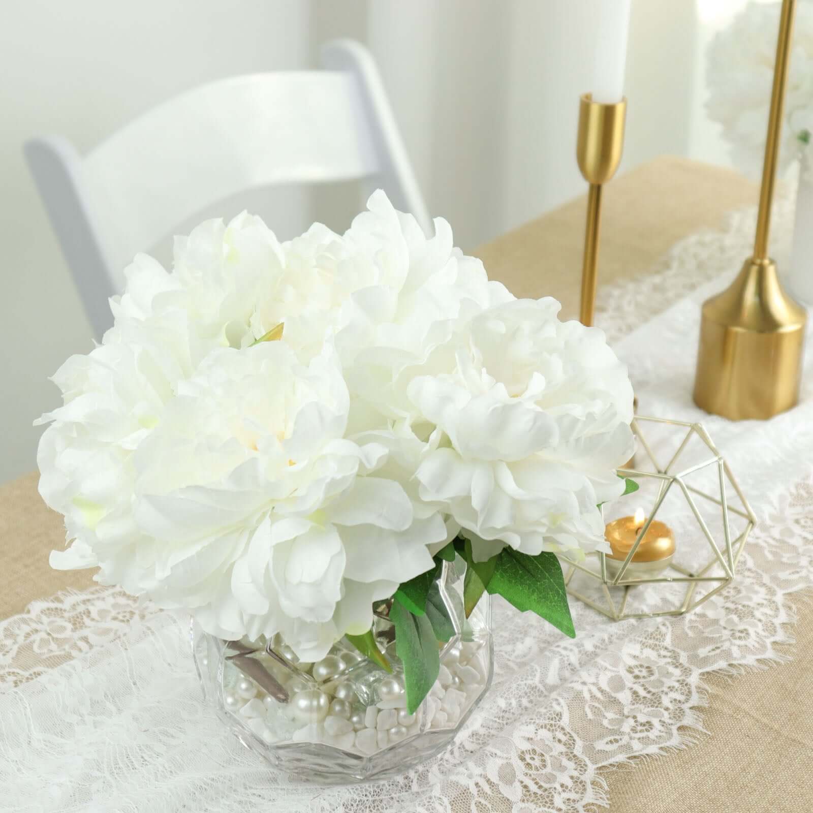 2 Bushes White Artificial Silk Peony Flower Bouquets, Real Touch Peonies Spray 17