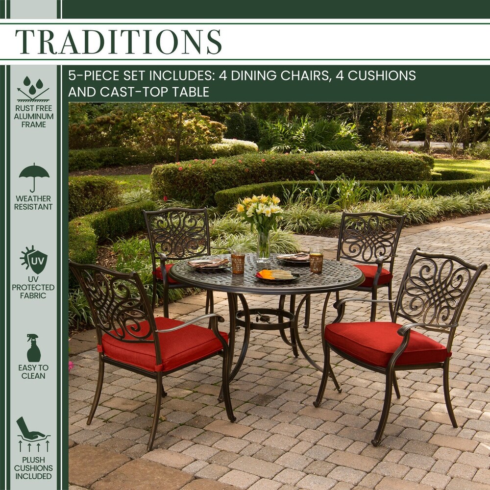 Hanover Traditions 5 Piece Dining Set in Red with 48 In. Cast top Table and Four Dining Chairs