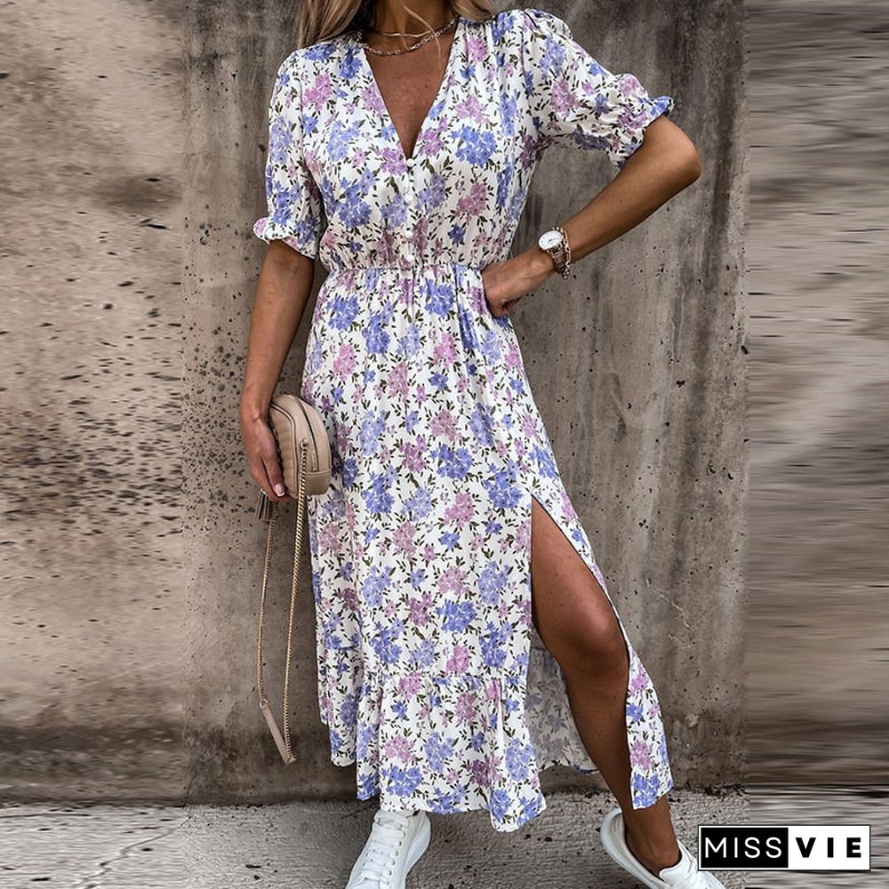 Summer Floral Print Dress Women V Neck Side Slit Long Elegant Dress Short Sleeve Button Slim Spring Female Party Dress Vestidos