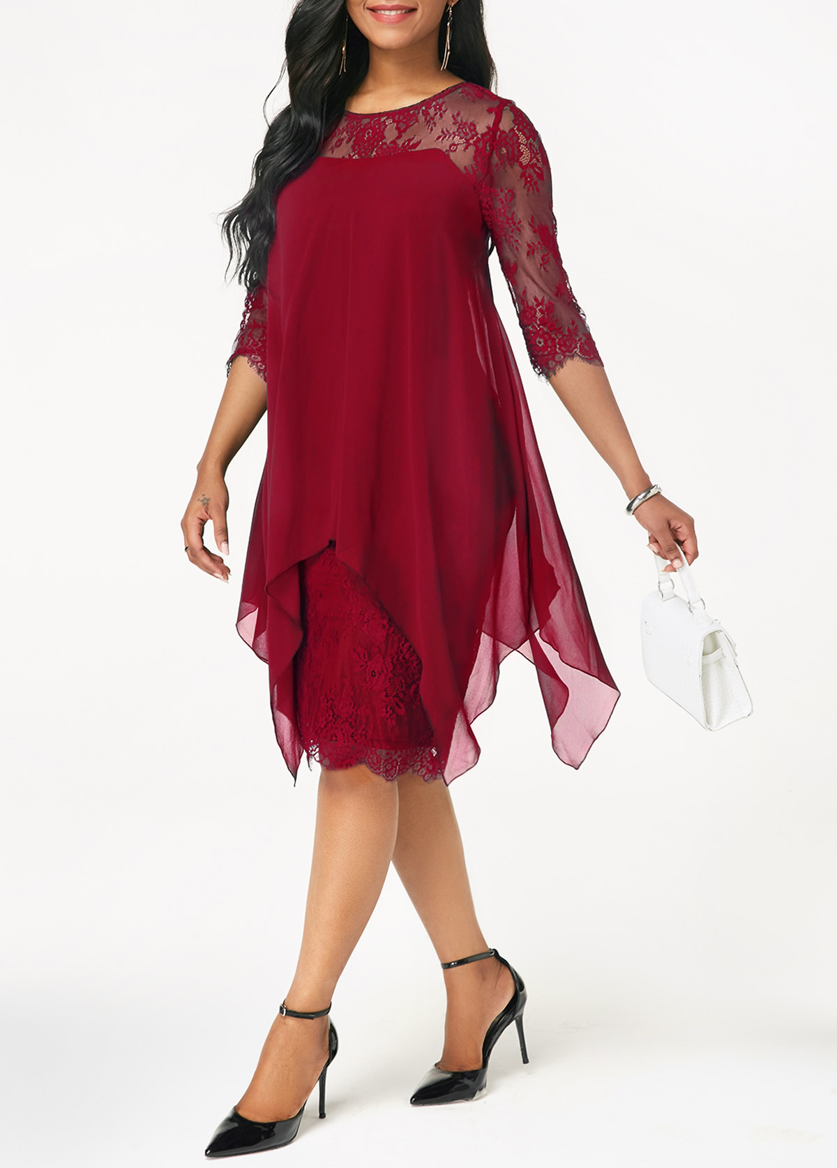 Chiffon Overlay Three Quarter Sleeve Lace Dress