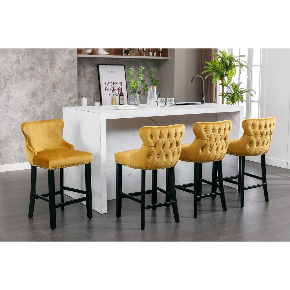 Modern Velvet Wing Back Barstools with Nailhead Trim Button Tufted Bar Stools Kitchen Lounge Dining Chair Armless Stools  Yellow