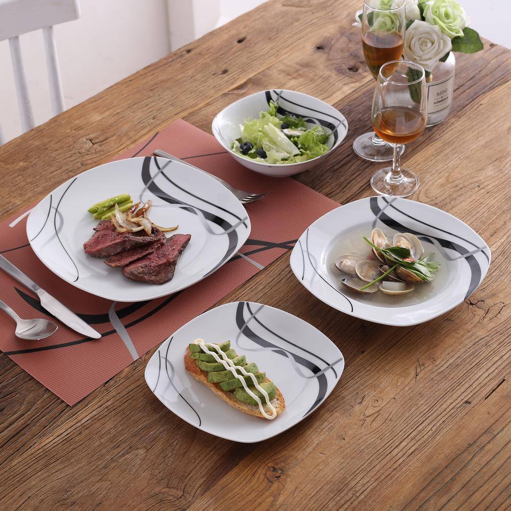 VEWEET Fiona 24-Piece Casual Ivory White with Black Stripes Porcelain Dinnerware Set (Service for 6) FIONA02