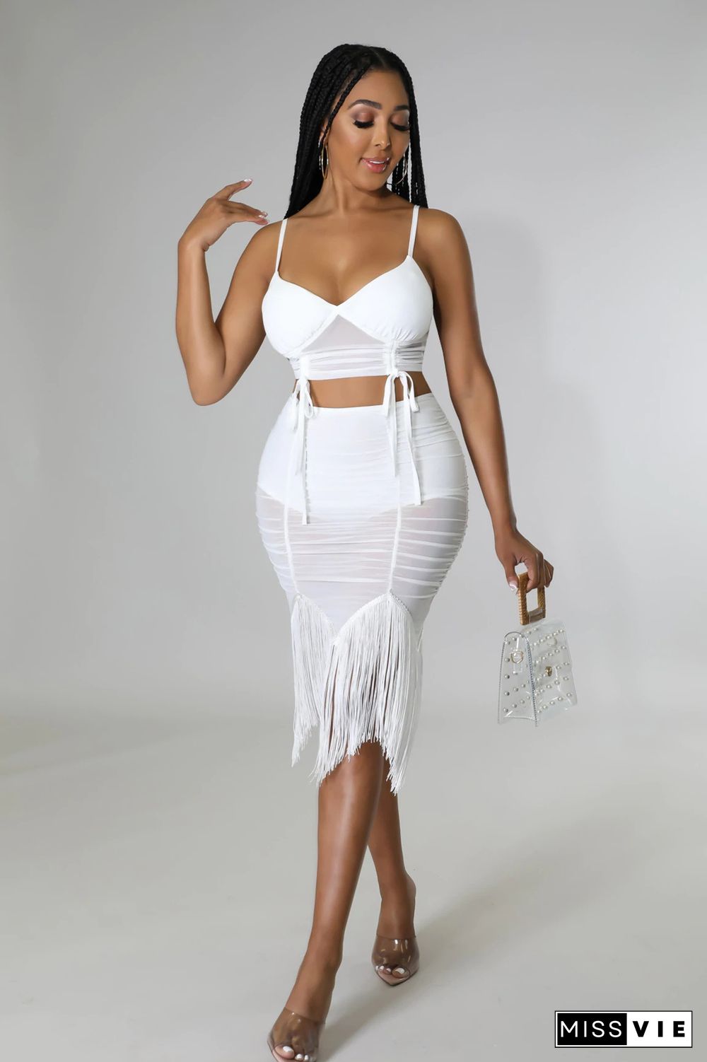 Camisole Crop Top Ruched Sheer Mesh Tassel Skirts Set