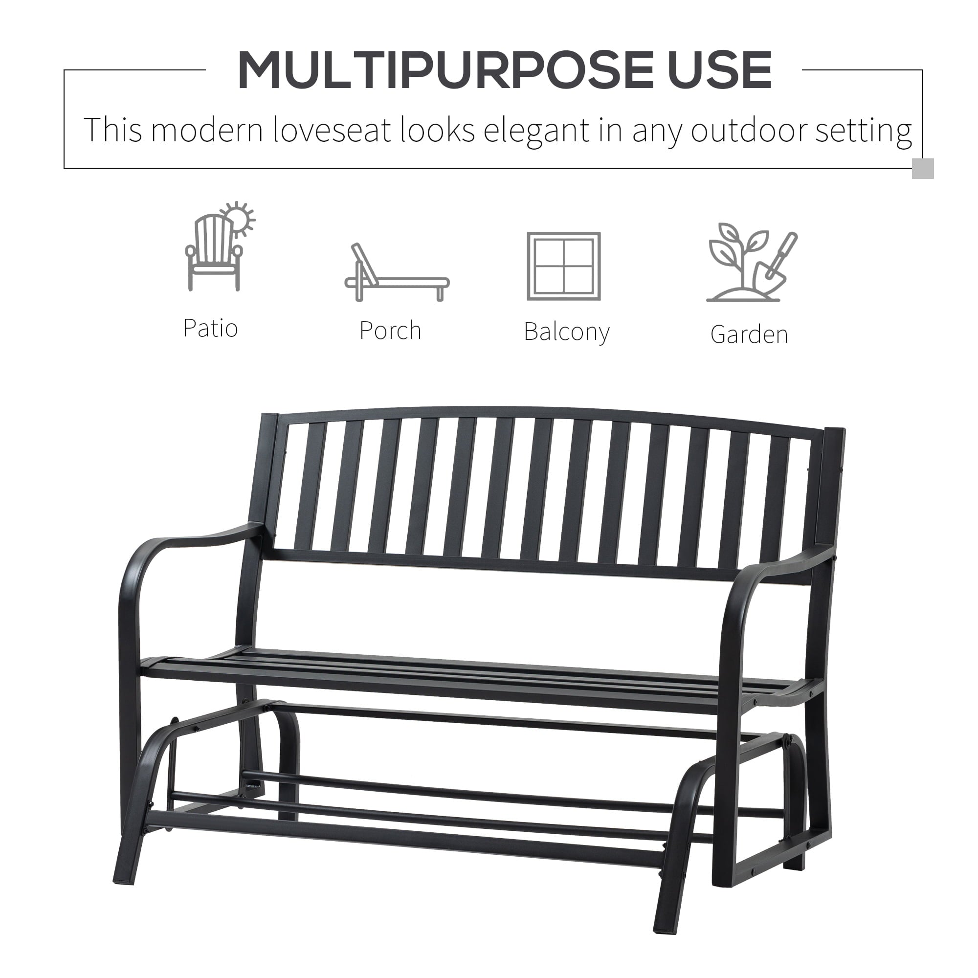 Outsunny Bench Glider Gliding Chair Outdoor Patio Garden Furniture Deck Loveseat, Black