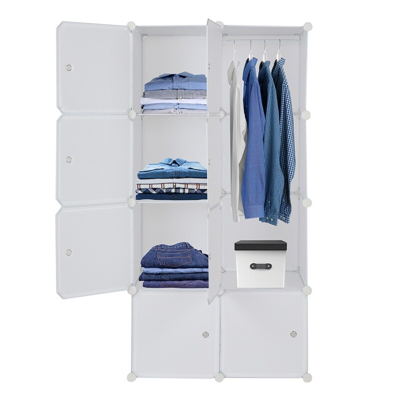 8/12/16/20 Cube Organizer Stackable Plastic Cube Storage Closet Cabinet with Hanging Rod White