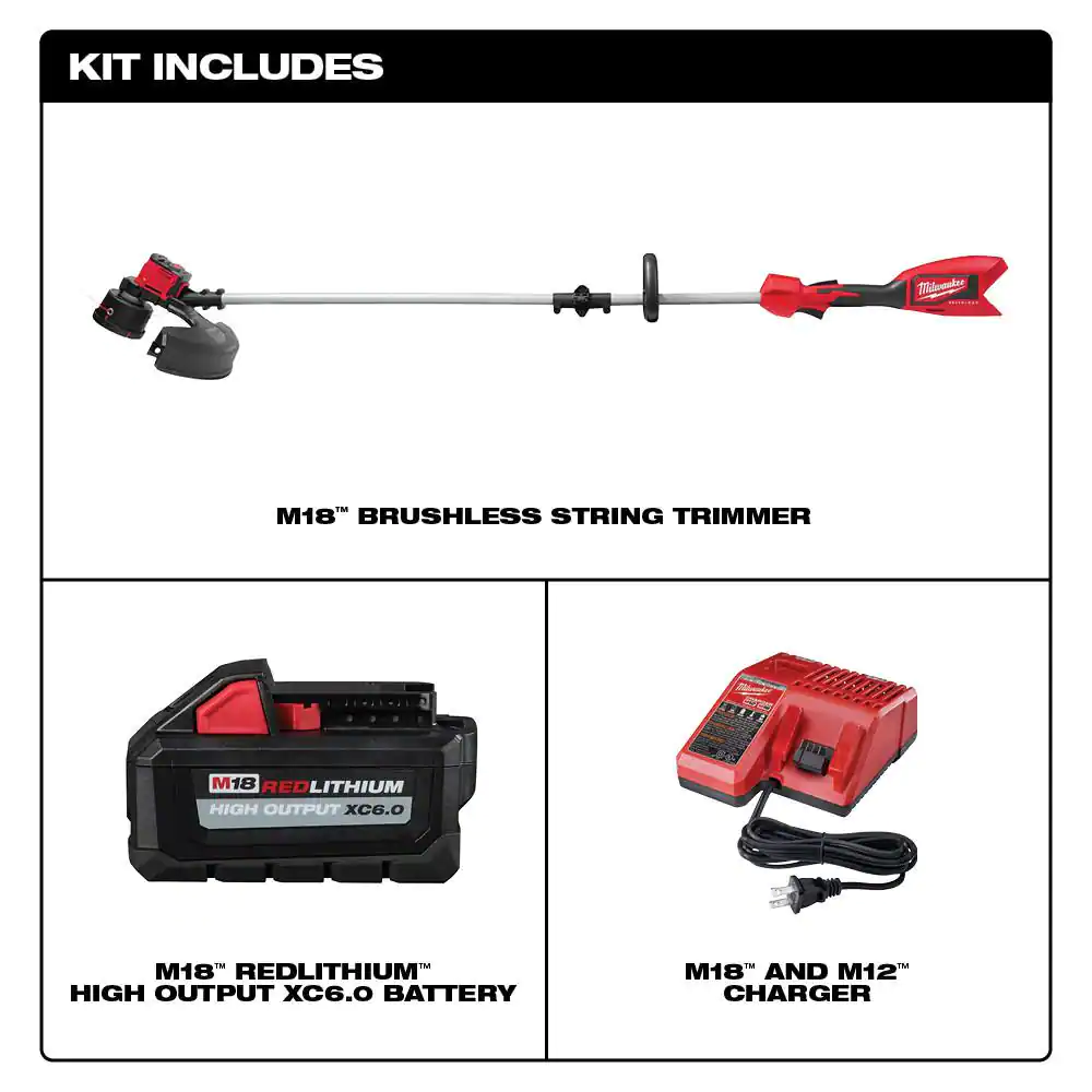 Milwaukee 2828-21 M18 18V Lithium-Ion Brushless Cordless String Trimmer Kit with 6.0 Ah Battery and Charger