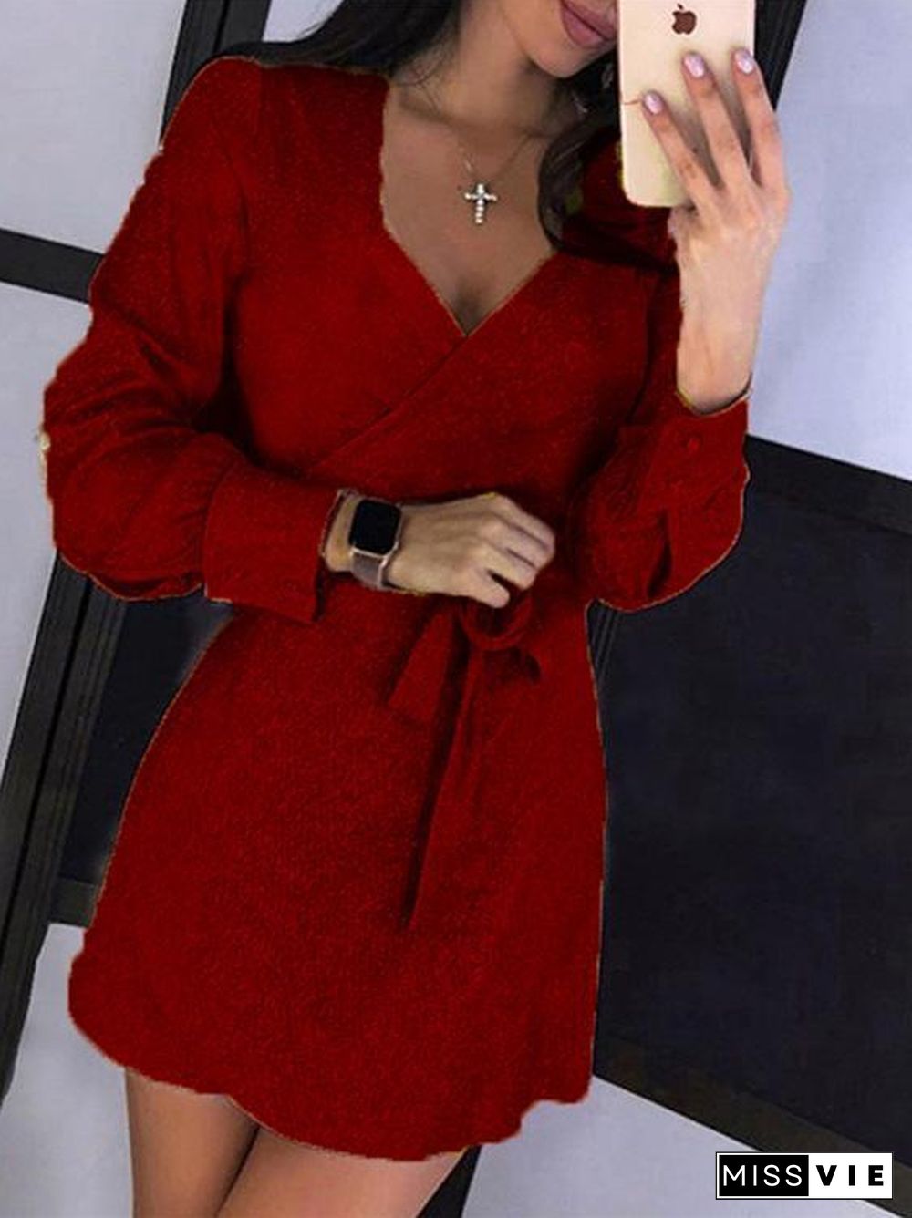 Lace-Up V-Neck Long Sleeve Sequined Dress