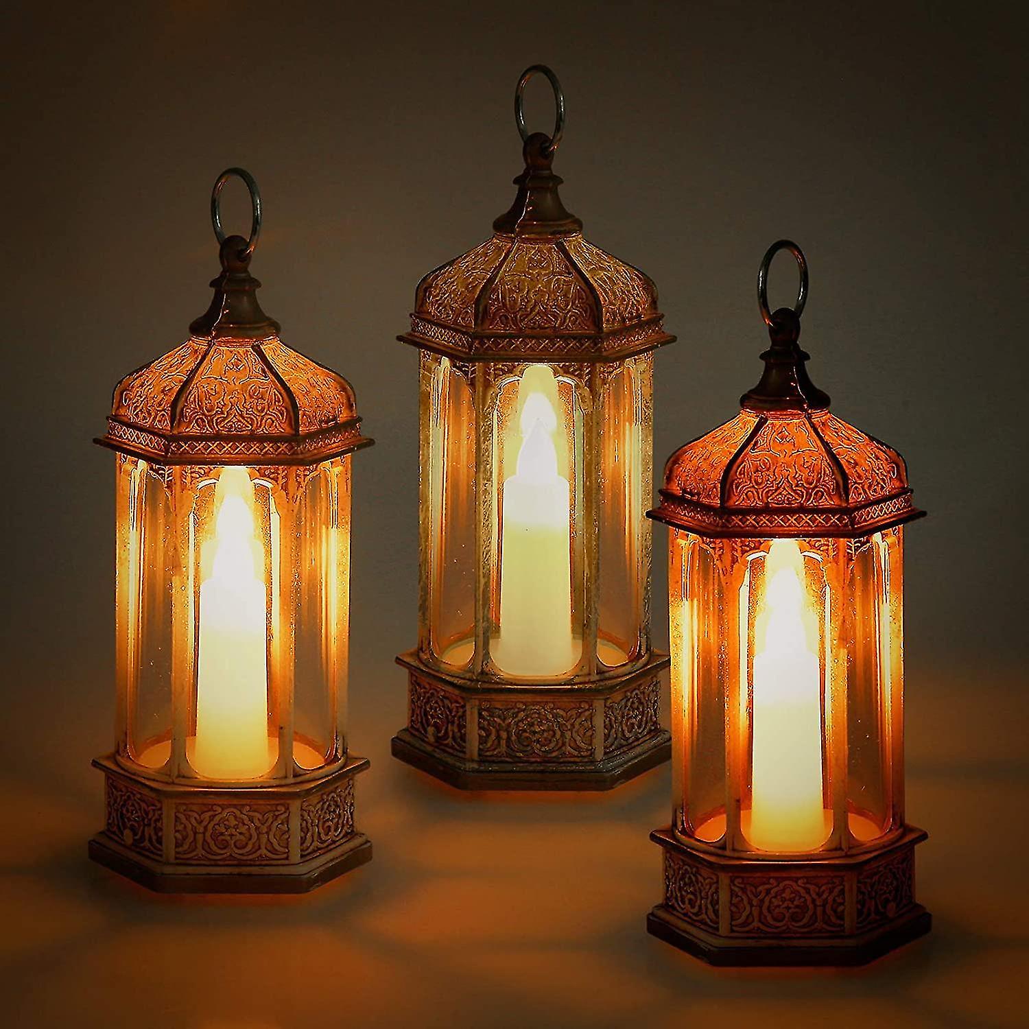 Hexagonal Candle Lantern With Lights， Set Of 3 Decorative Lanterns-6.1 Inch， Lanterns Decorativ